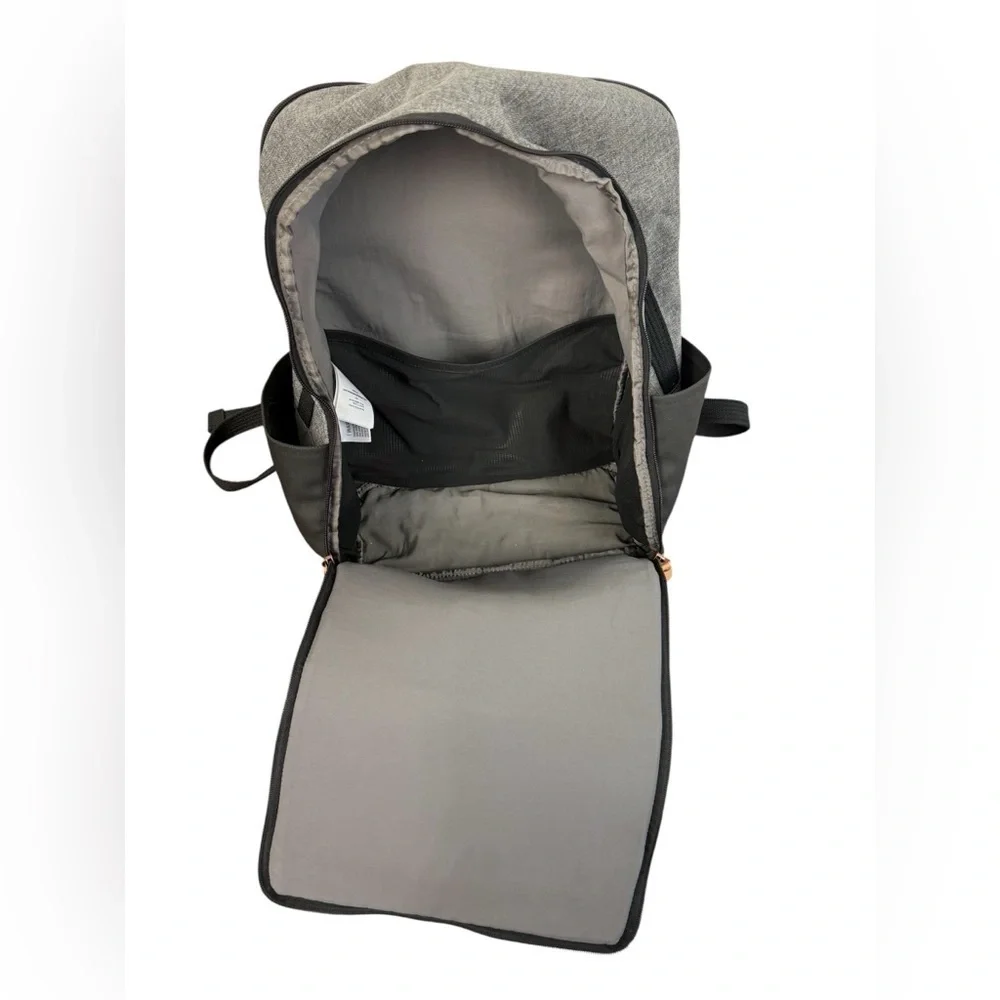 Petunia Pickle Bottom gray & black backpack shoulder diaper bag.